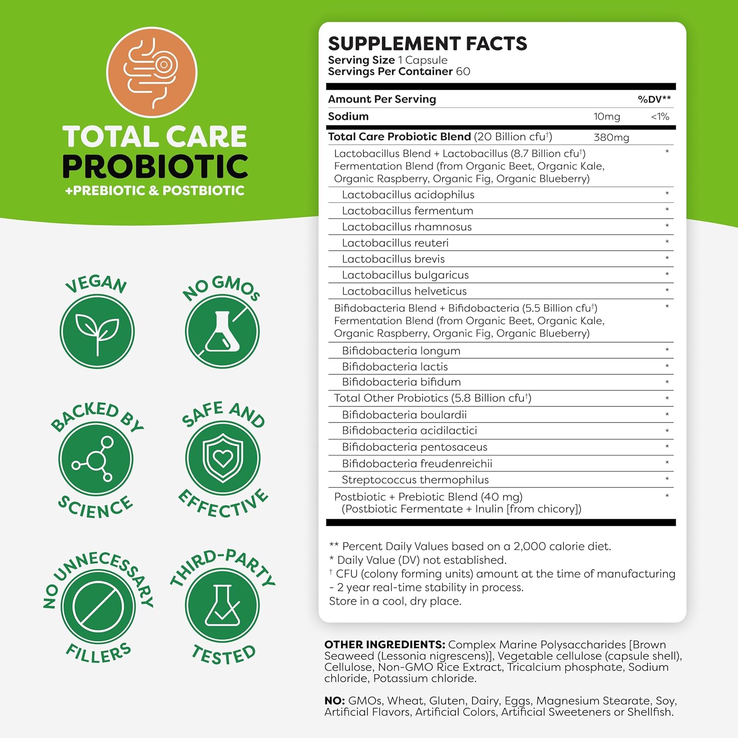 Probulin Total Care Probiotic Supplement for Daily Gut, Digestive, and Immune Health - 20 Billion CFU, Vegan Capsules (60 Count)