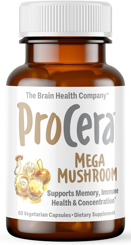 Procera Mega Mushroom Capsules - Boost Memory, Energy, & Clarity - Immune Support & Detox - Lions Mane, Chaga, Cordyceps, Shiitake, Turkey Tail - 60 Count