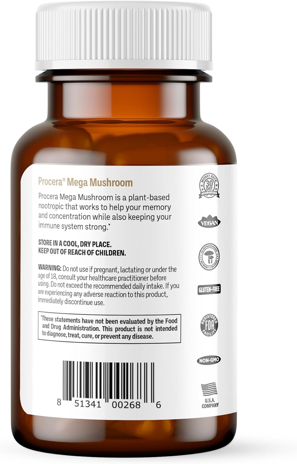 Procera Mega Mushroom Capsules - Boost Memory, Energy, & Clarity - Immune Support & Detox - Lions Mane, Chaga, Cordyceps, Shiitake, Turkey Tail - 60 Count