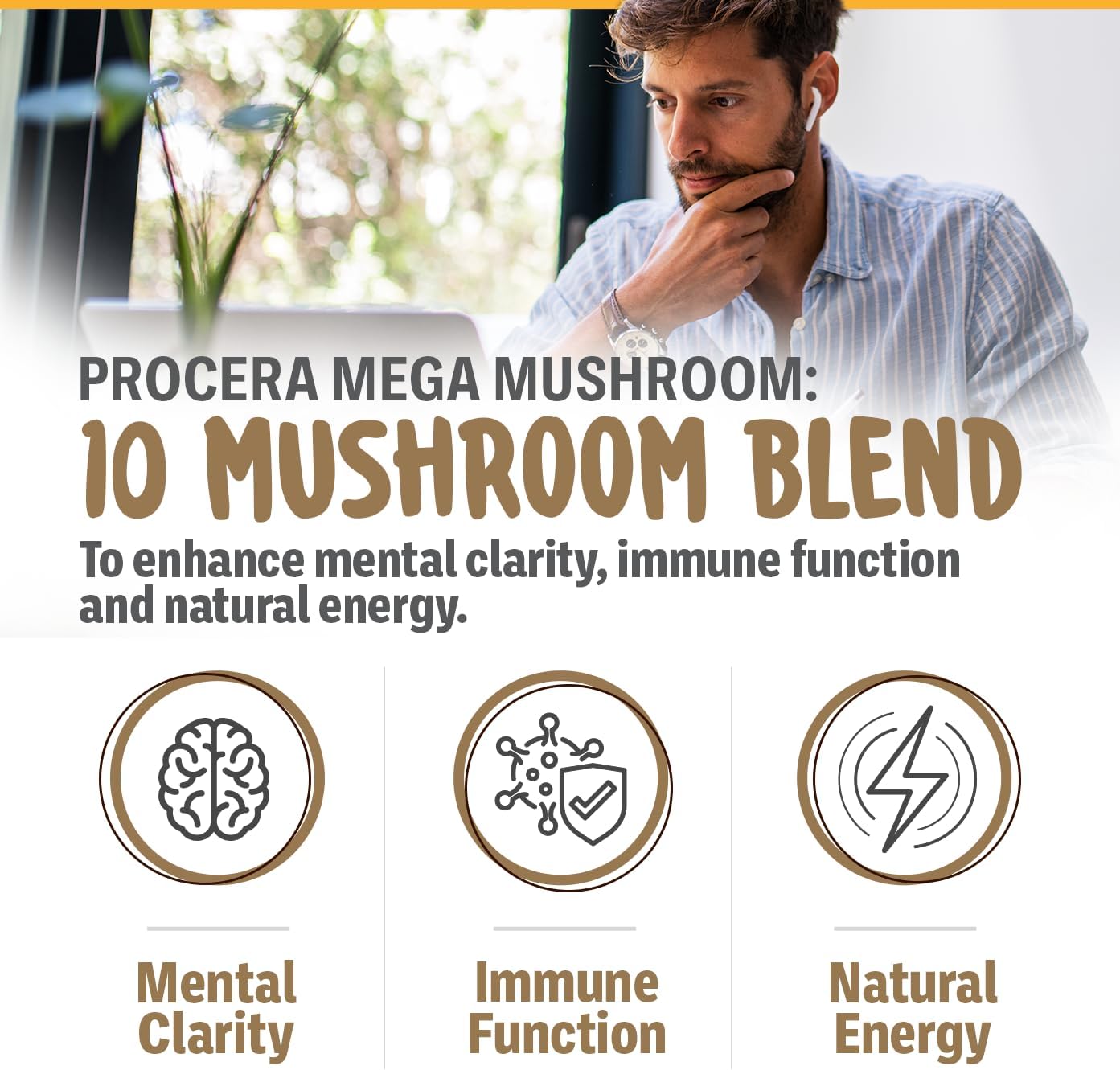 Procera Mega Mushroom Capsules - Boost Memory, Energy, & Clarity - Immune Support & Detox - Lions Mane, Chaga, Cordyceps, Shiitake, Turkey Tail - 60 Count