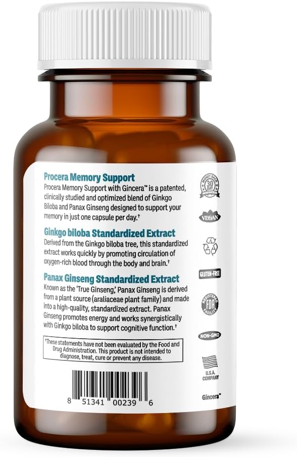 Procera Memory Support Capsules with Adaptogens and Ginseng - Enhance Mental Performance, Clarity, and Mood Stability - 30 Count