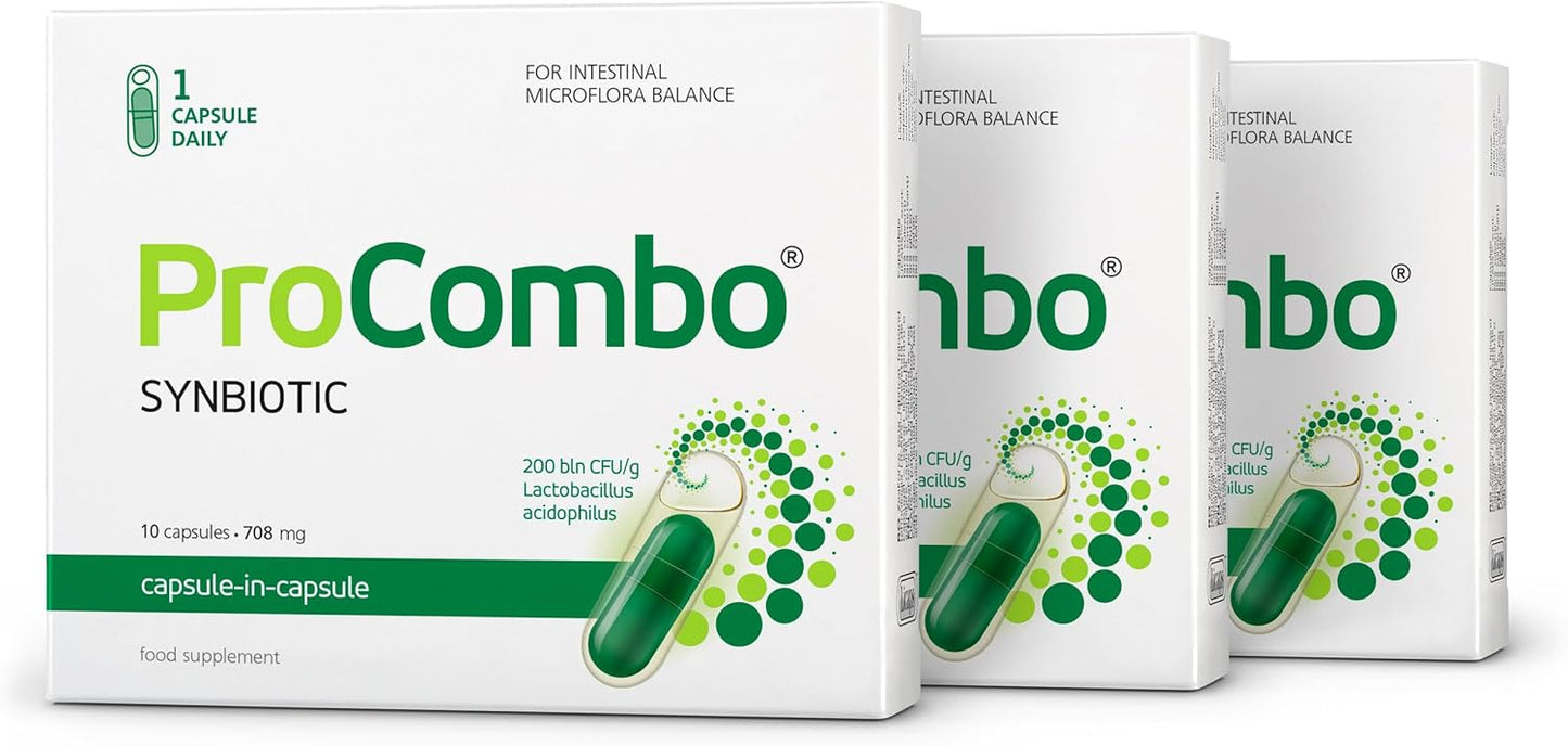 ProCombo - Advanced Synbiotic Blend for Targeted Delivery of Beneficial Bacteria. Double Capsule and Liquid Formula for Quick Results. 3-Pack with Daily Dosage.