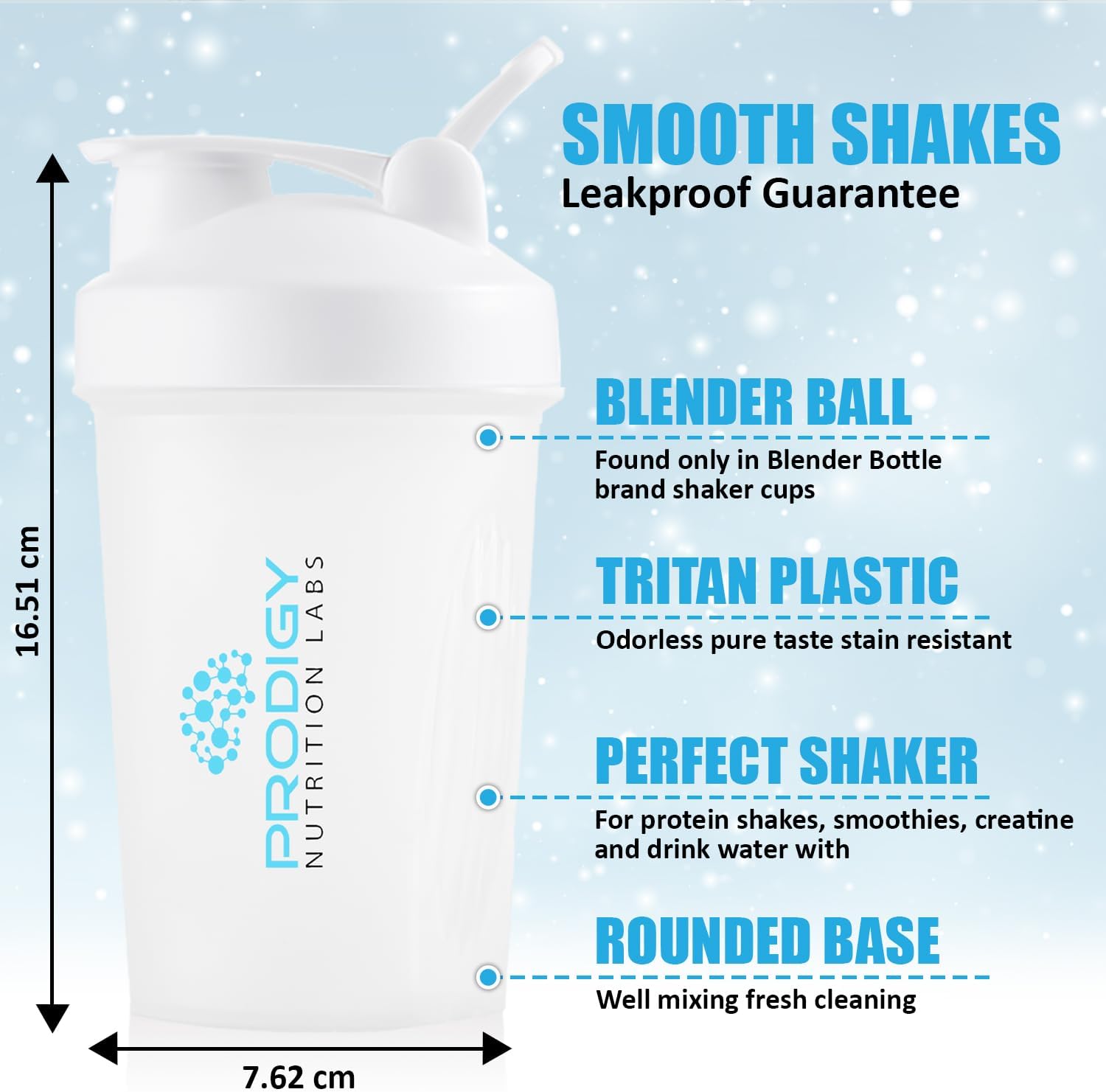 Prodigy Nutrition Labs Premium 14 oz White Shaker Bottle for Protein Shakes and Pre Workout