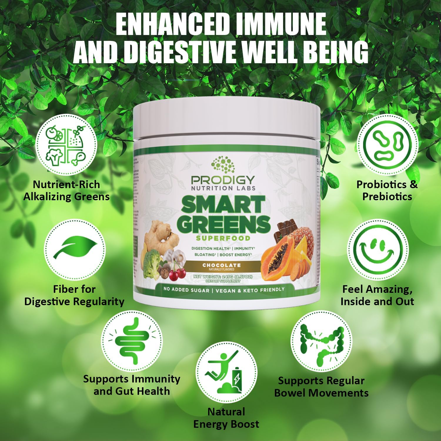 Prodigy Smart Greens Super Greens Powder Smoothie - Probiotics for Digestive Health - Protein, Veggies, Fruits - Chlorella Gut Health