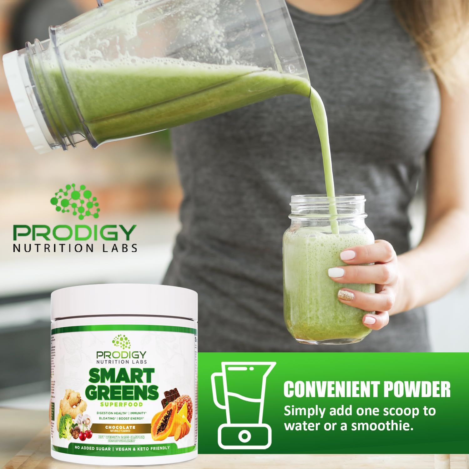 Prodigy Smart Greens Super Greens Powder Smoothie - Probiotics for Digestive Health - Protein, Veggies, Fruits - Chlorella Gut Health