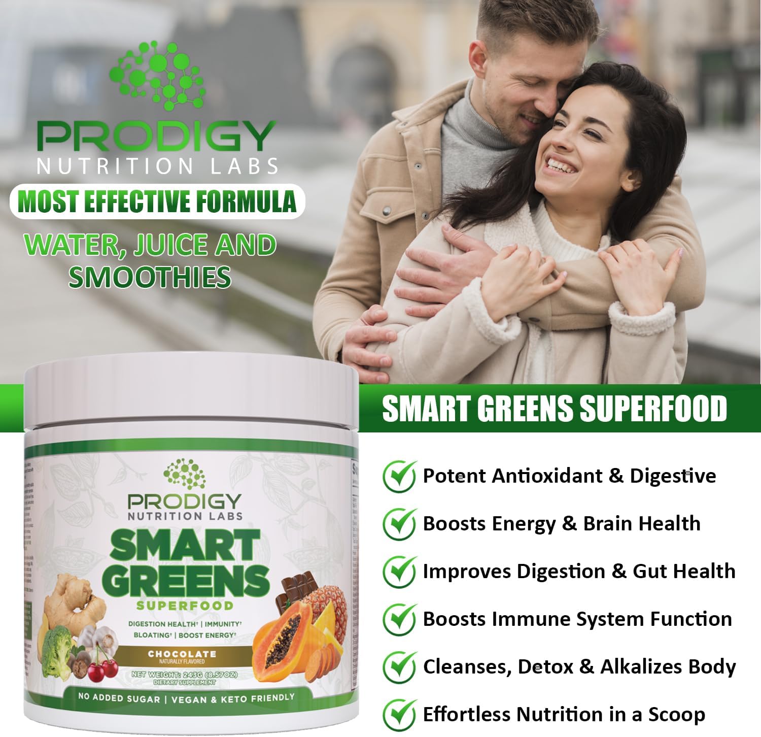 Prodigy Smart Greens Super Greens Powder Smoothie - Probiotics for Digestive Health - Protein, Veggies, Fruits - Chlorella Gut Health
