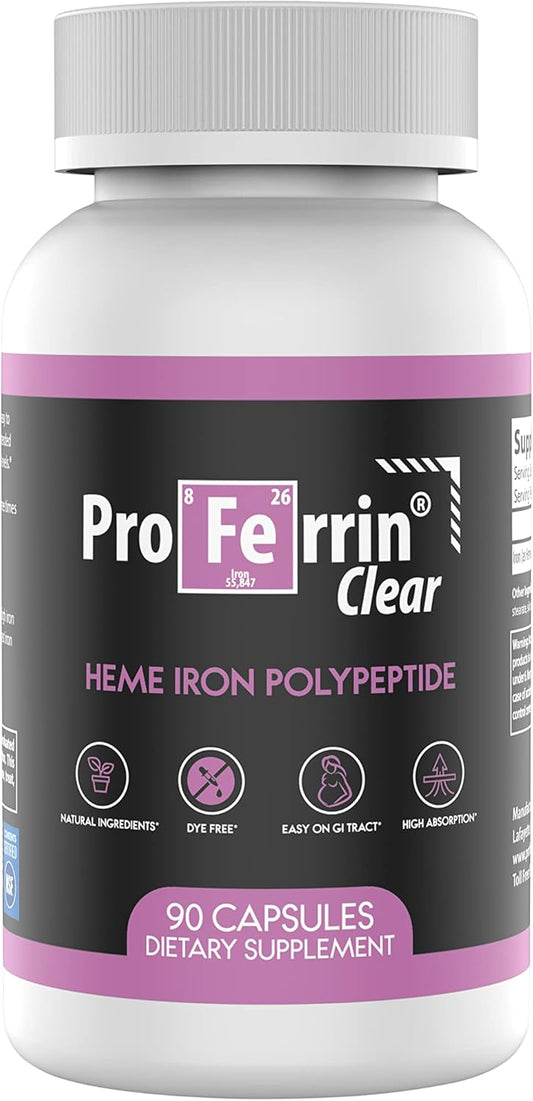 Proferrin Clear Heme Iron Supplement for Superior Absorption, 90 Capsules, Gentle on The Stomach, Natural Ingredients, US-Made