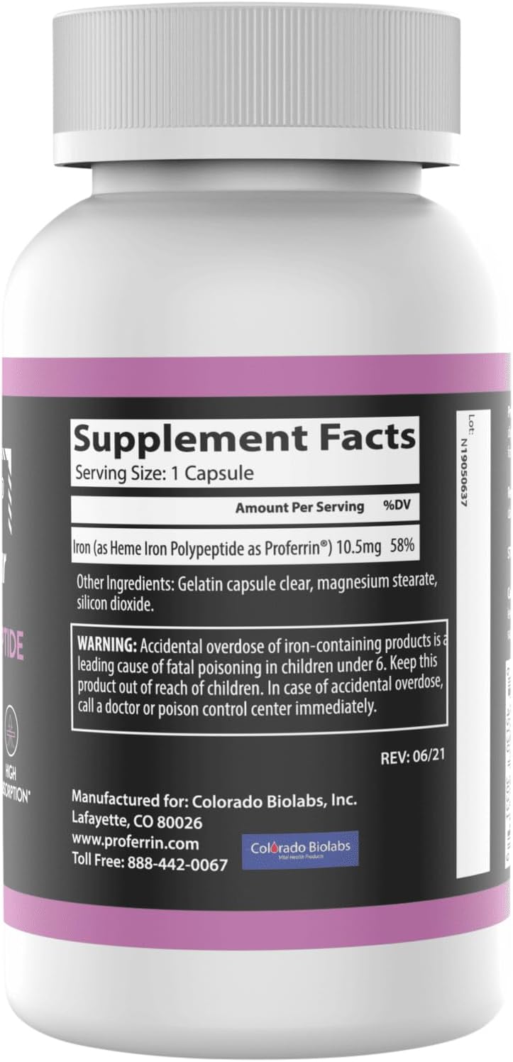 Proferrin Clear Heme Iron Supplement for Superior Absorption, 90 Capsules, Gentle on The Stomach, Natural Ingredients, US-Made