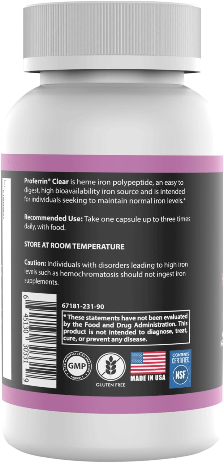 Proferrin Clear Heme Iron Supplement for Superior Absorption, 90 Capsules, Gentle on The Stomach, Natural Ingredients, US-Made