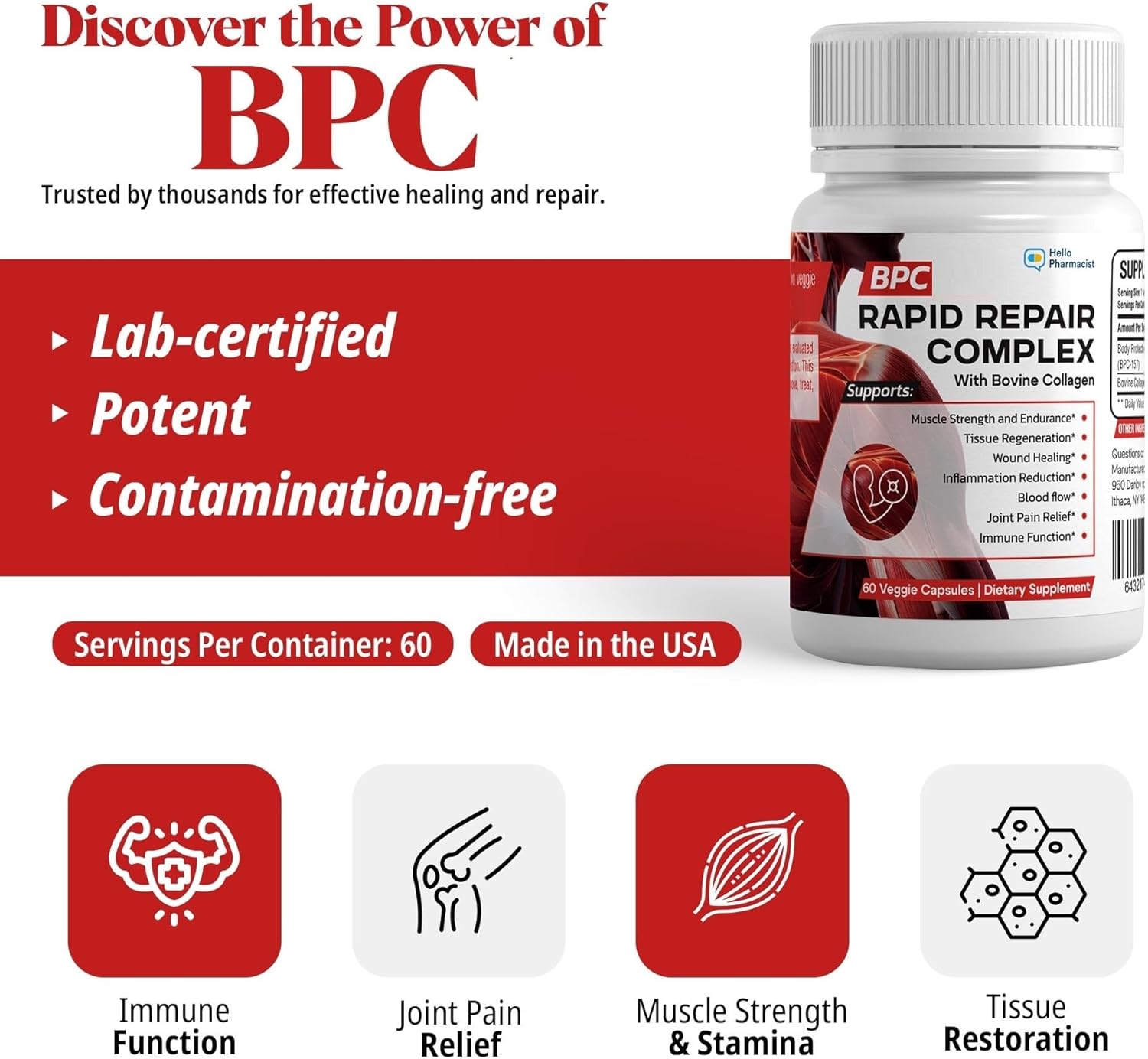 Professional Grade BPC-157 with Collagen Complex - 60 Capsules - ISO Lab Verified - Made in USA