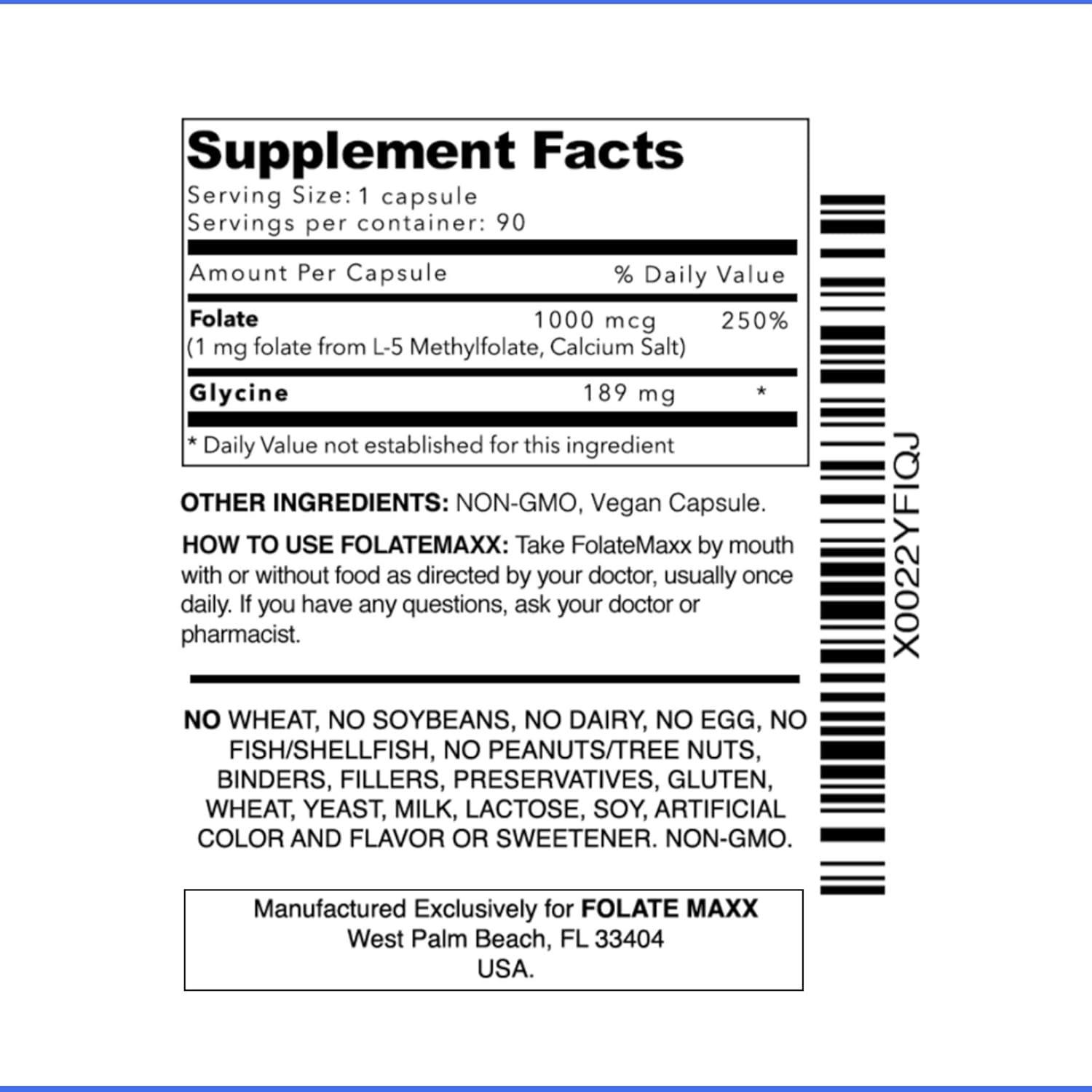 Professional Strength FolateMaxx L-Methylfolate Supplement (1mg) - 180 Vegetarian Capsules - Non-GMO, Gluten/Soy Free, GMP Compliant