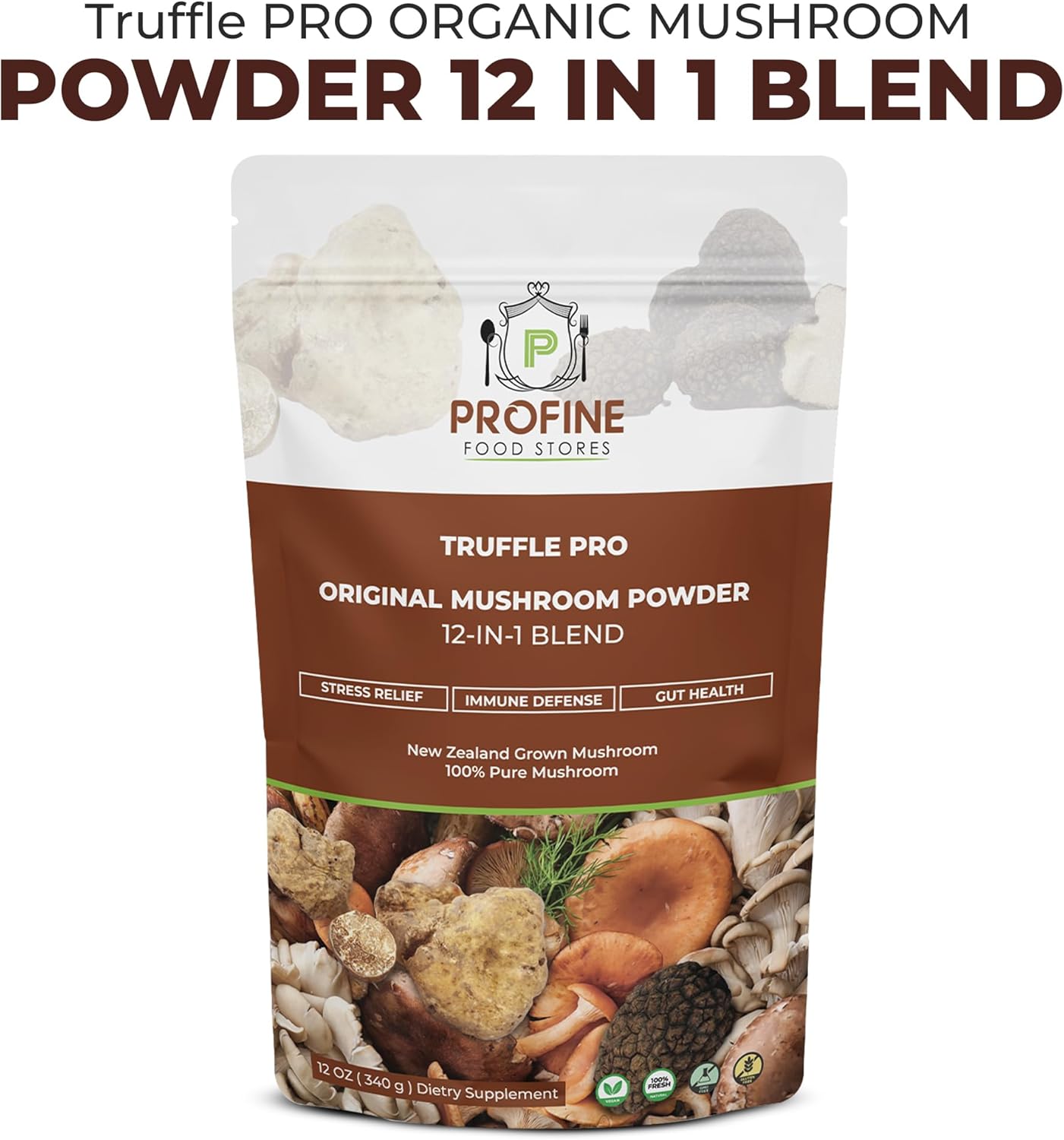 Profine Food Stores PROFINE Truffle PRO Mushroom Powder: 12-in-1 Super Blend with Black and White Truffle - USDA Organic Supplement for Coffee/Tea/Smoothies