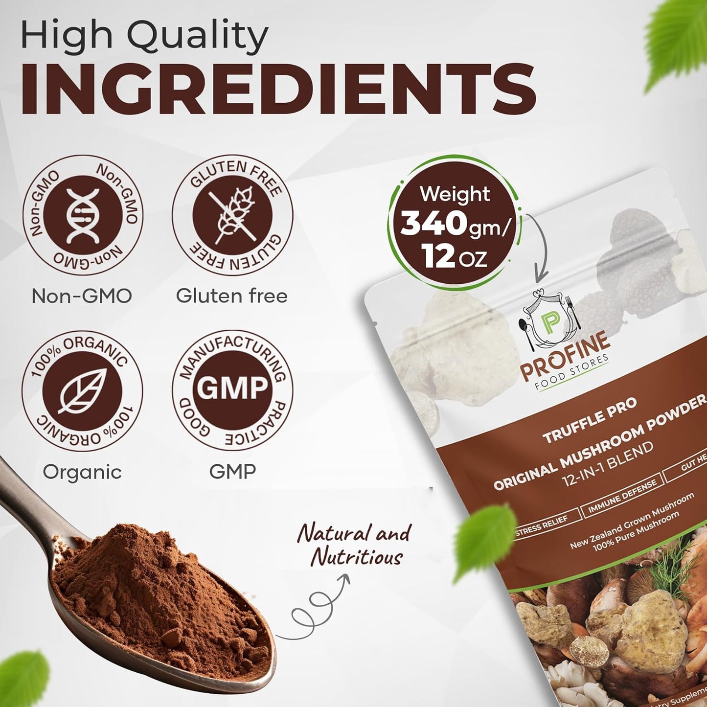 Profine Food Stores PROFINE Truffle PRO Mushroom Powder: 12-in-1 Super Blend with Black and White Truffle - USDA Organic Supplement for Coffee/Tea/Smoothies