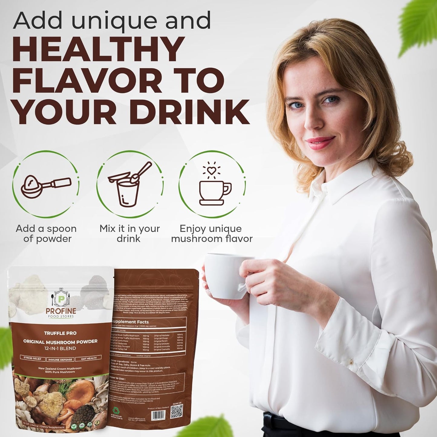 Profine Food Stores PROFINE Truffle PRO Mushroom Powder: 12-in-1 Super Blend with Black and White Truffle - USDA Organic Supplement for Coffee/Tea/Smoothies