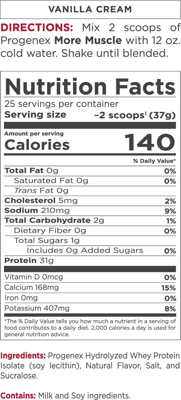 Progenex® More Muscle: Low Carb Vanilla Cream Protein Powder for Lean Muscle Gain, No Added Sugar, Hydrolyzed Whey Isolate - 25 Servings