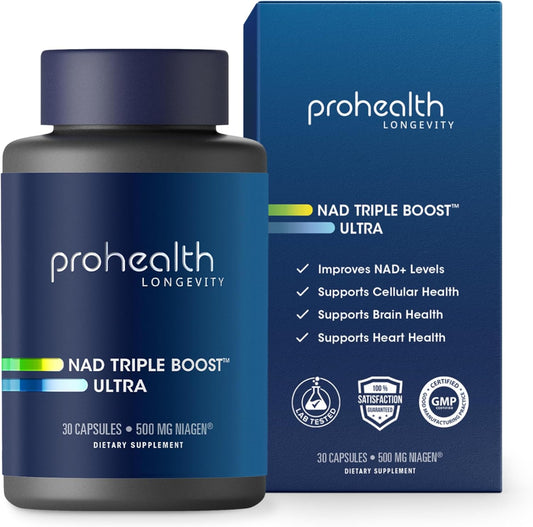 ProHealth NAD Triple Boost Ultra Supplement - 500mg Niagen NR with Apigenin, PQQ, Quercetin - Promotes Longevity, Heart & Brain Health - Activates Sirtuins - 30 Servings