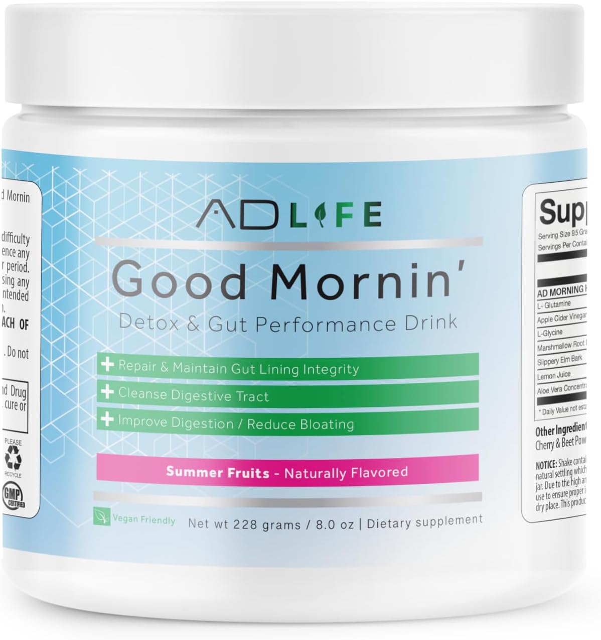 Project AD Life Good Morning Detox Drink with L-Glutamine, Apple Cider Vinegar, Aloe Vera - Summer Fruits Flavor - 24 Servings