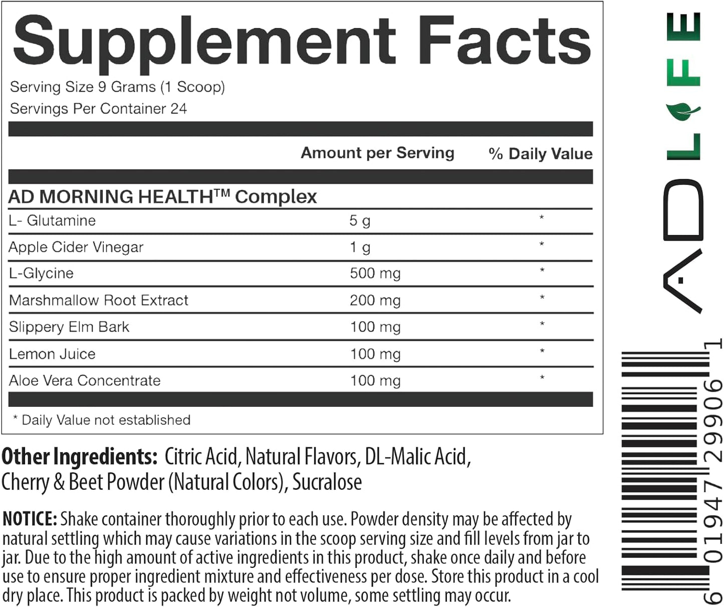 Project AD Life Good Morning Detox Drink with L-Glutamine, Apple Cider Vinegar, Aloe Vera - Summer Fruits Flavor - 24 Servings