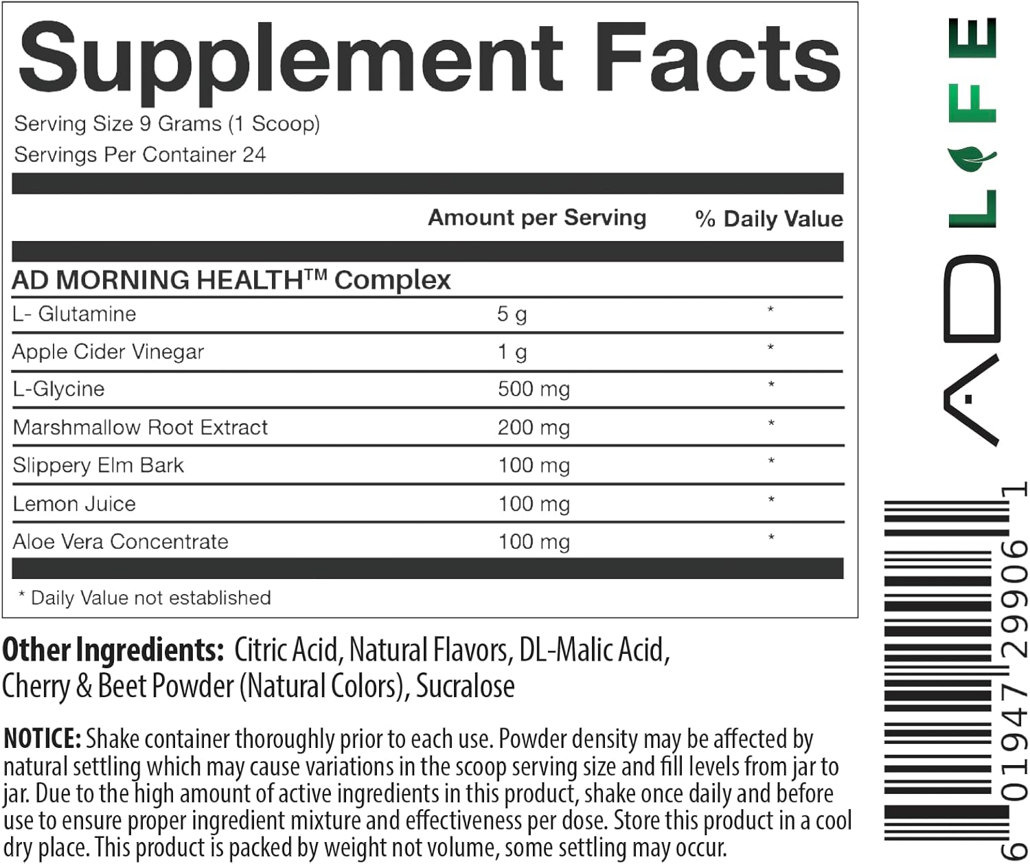 Project AD Life Good Morning Detox Drink with L-Glutamine, Apple Cider Vinegar, Aloe Vera - Summer Fruits Flavor - 24 Servings