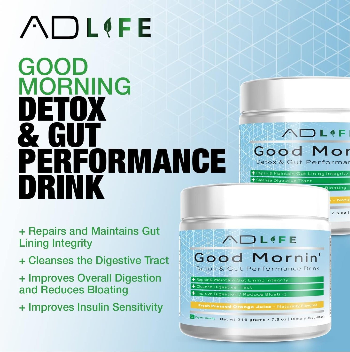 Project AD Life Good Morning Detox Drink with L-Glutamine, Apple Cider Vinegar, Aloe Vera - Summer Fruits Flavor - 24 Servings