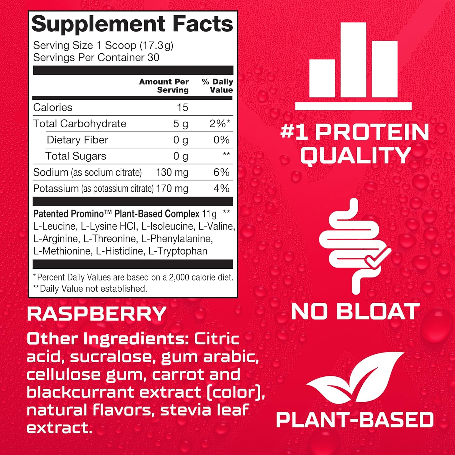 Promino Raspberry Protein Powder with Mega-Dose Leucine for Muscle Recovery, NSF Certified - 30 Servings