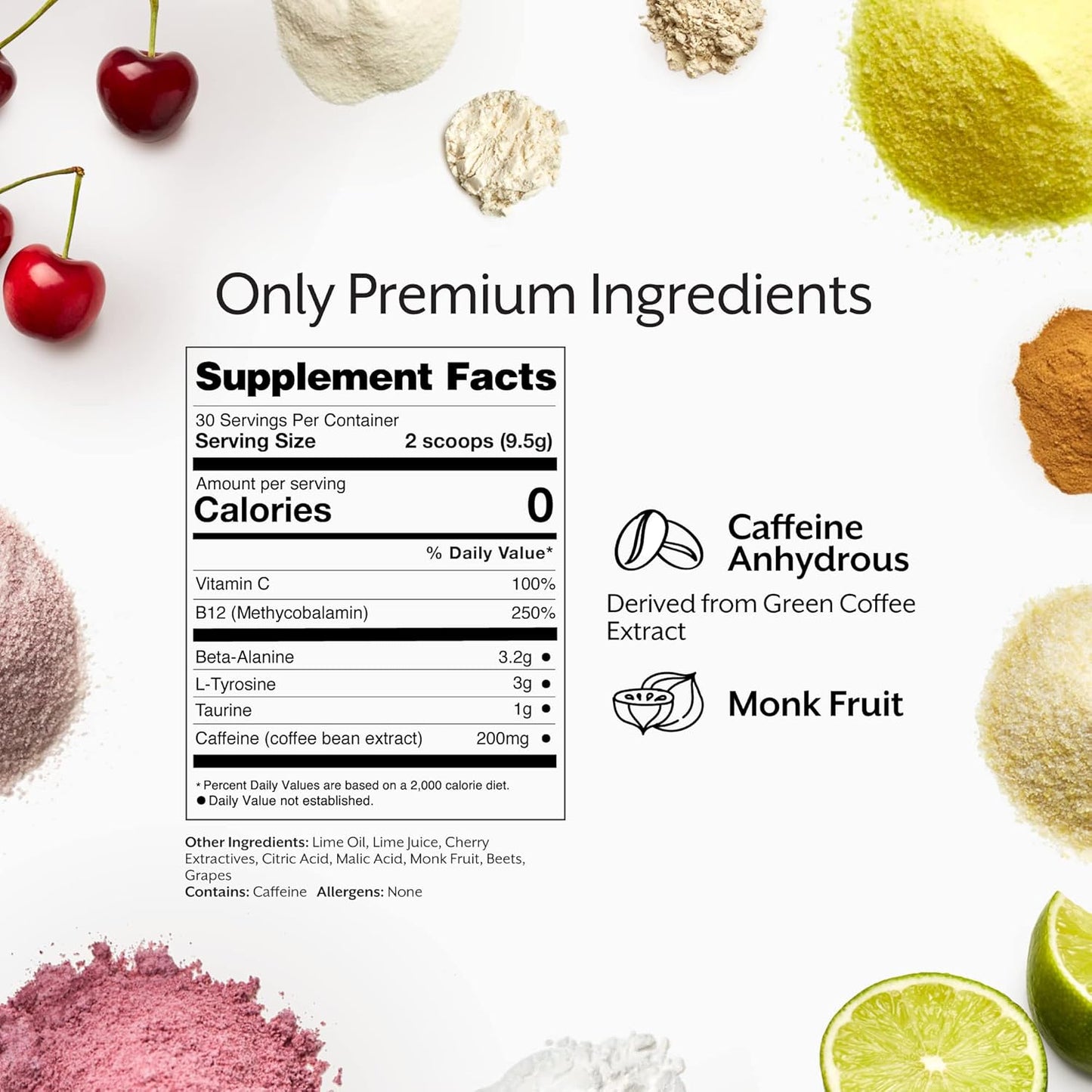 Promix Nutrition Cherry Lime Pre-Workout Powder - Boost Focus & Performance - Aids Muscle Gain & Endurance - With Vitamin B12, Caffeine, Beta-Alanine, L-Tyrosine - Gluten & Dairy-Free