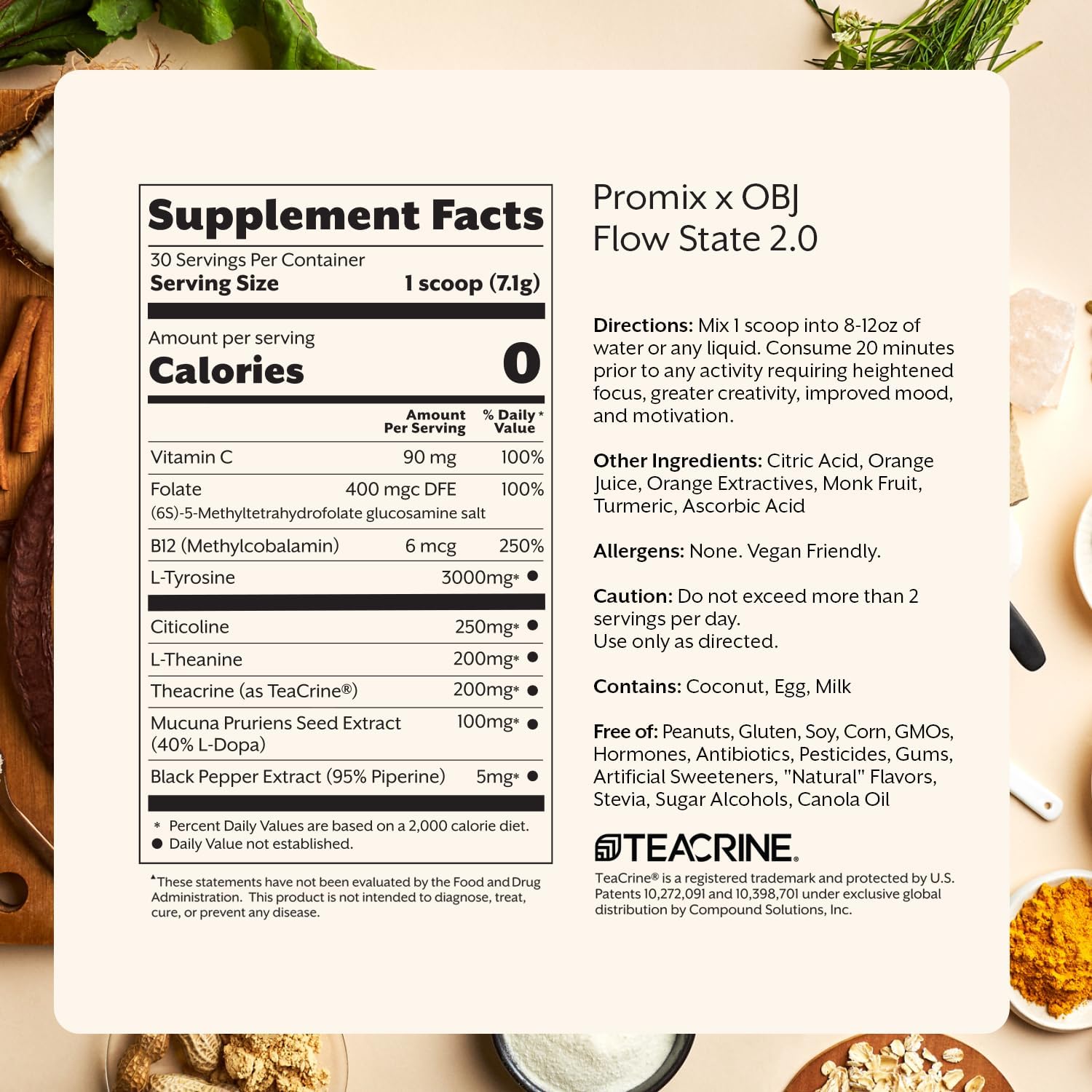 ProMix Nutrition Flow State Nootropic Supplement Orange Flavor - L Tyrosine, Theacrine, Vitamins - Caffeine Free - 30 Servings