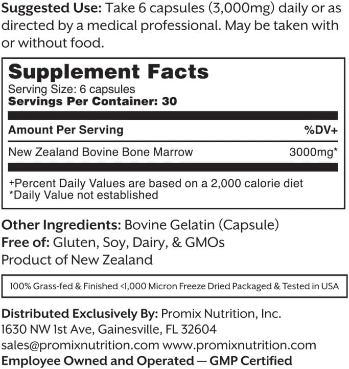 ProMix Nutrition Grass-Fed Beef Bone Marrow Capsules | High in Collagen, Vitamins & Minerals - Raw & Freeze Dried - 180 Count