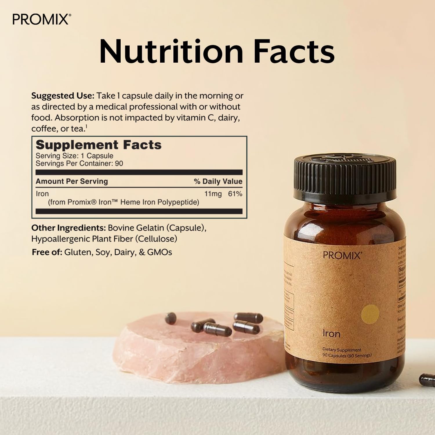 Promix Nutrition Gut-Friendly Heme Iron Supplement with 11mg Polypeptide Formula - 90 Count Bottle