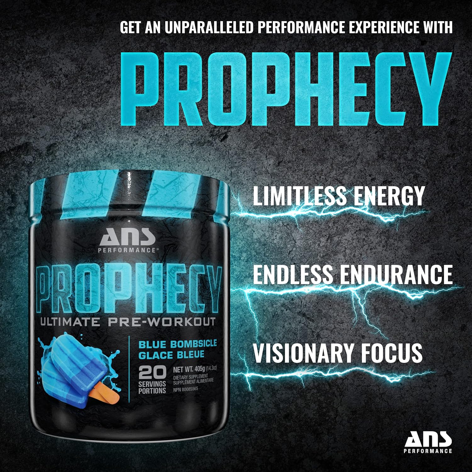 Prophecy Pre Workout Powder by ANS Performance - Blue Bombsicle Flavor - Gluten-Free Formula for Energy, Strength, and Power - 20 Servings, 14.5 oz