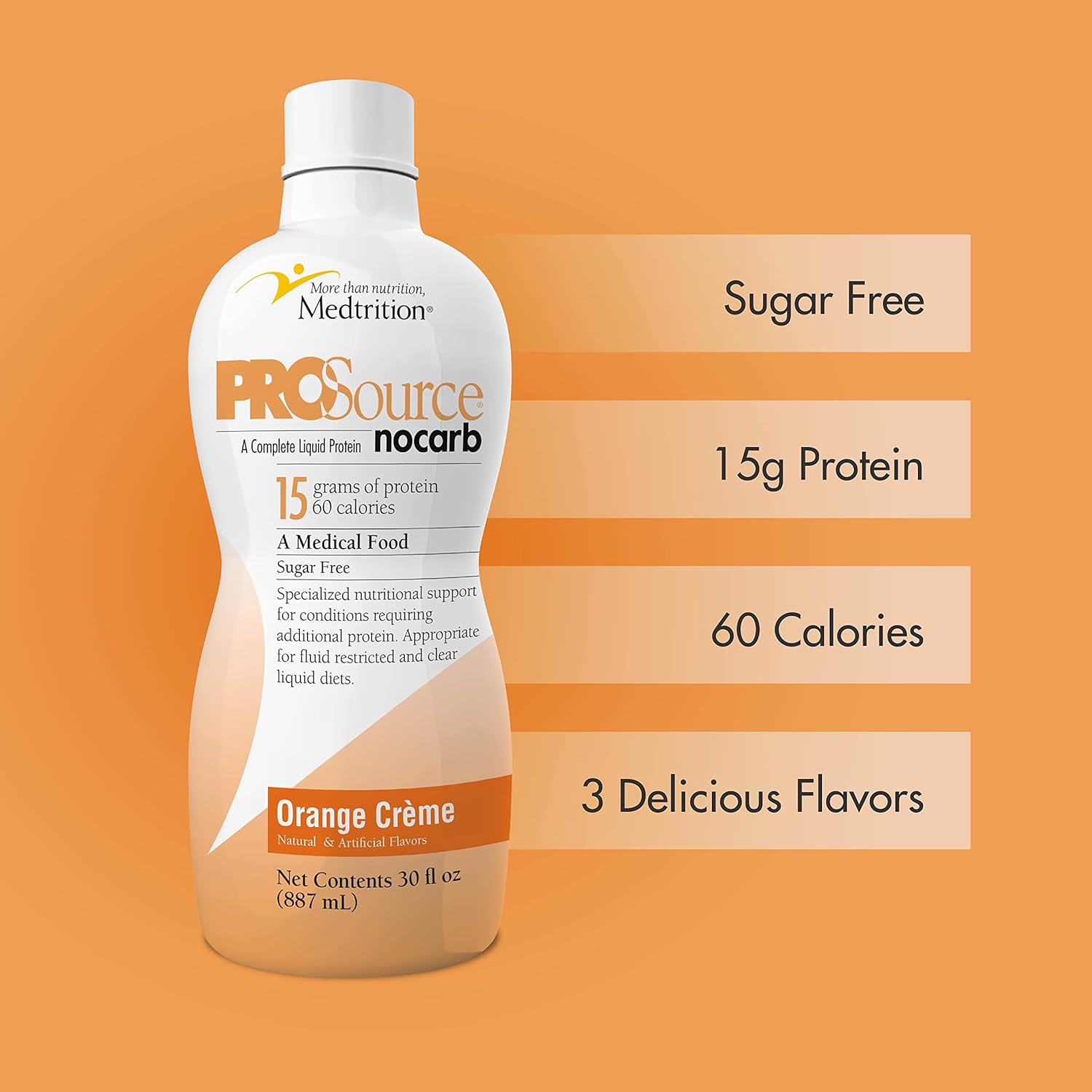 Prosource NoCarb Orange Crème Liquid Collagen Peptides - Type I & III, 15g Protein per Oz, 4 Bottles Pack