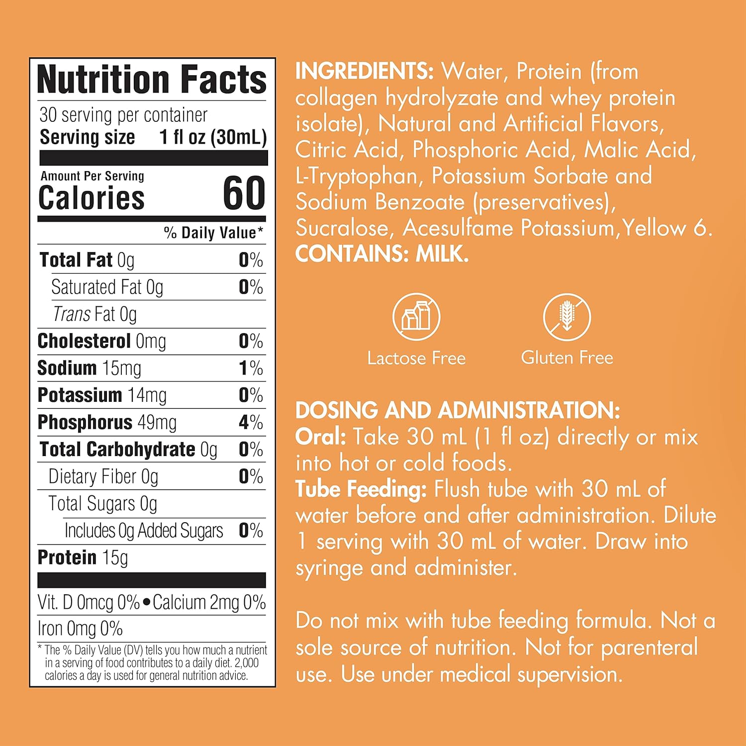 Prosource NoCarb Orange Crème Liquid Collagen Peptides - Type I & III, 15g Protein per Oz, 4 Bottles Pack