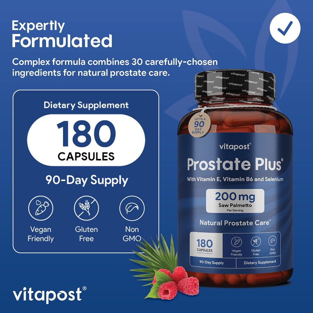 Prostate Plus Supplement for Men - Saw Palmetto, Vitamin B6, E, Selenium, Zinc - 180 Capsules for Urinary Health and Care