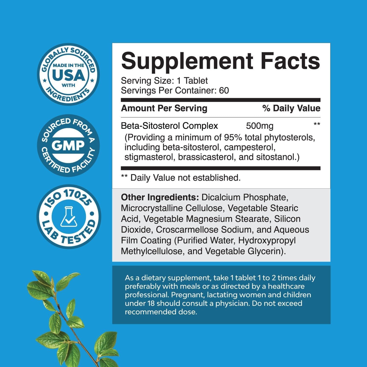 Prostate Support Supplement with 500mg Beta-Sitosterol Complex - 60 Tablets for Men's Prostate Health - Stanols and Sterols Formula for Prostate Care