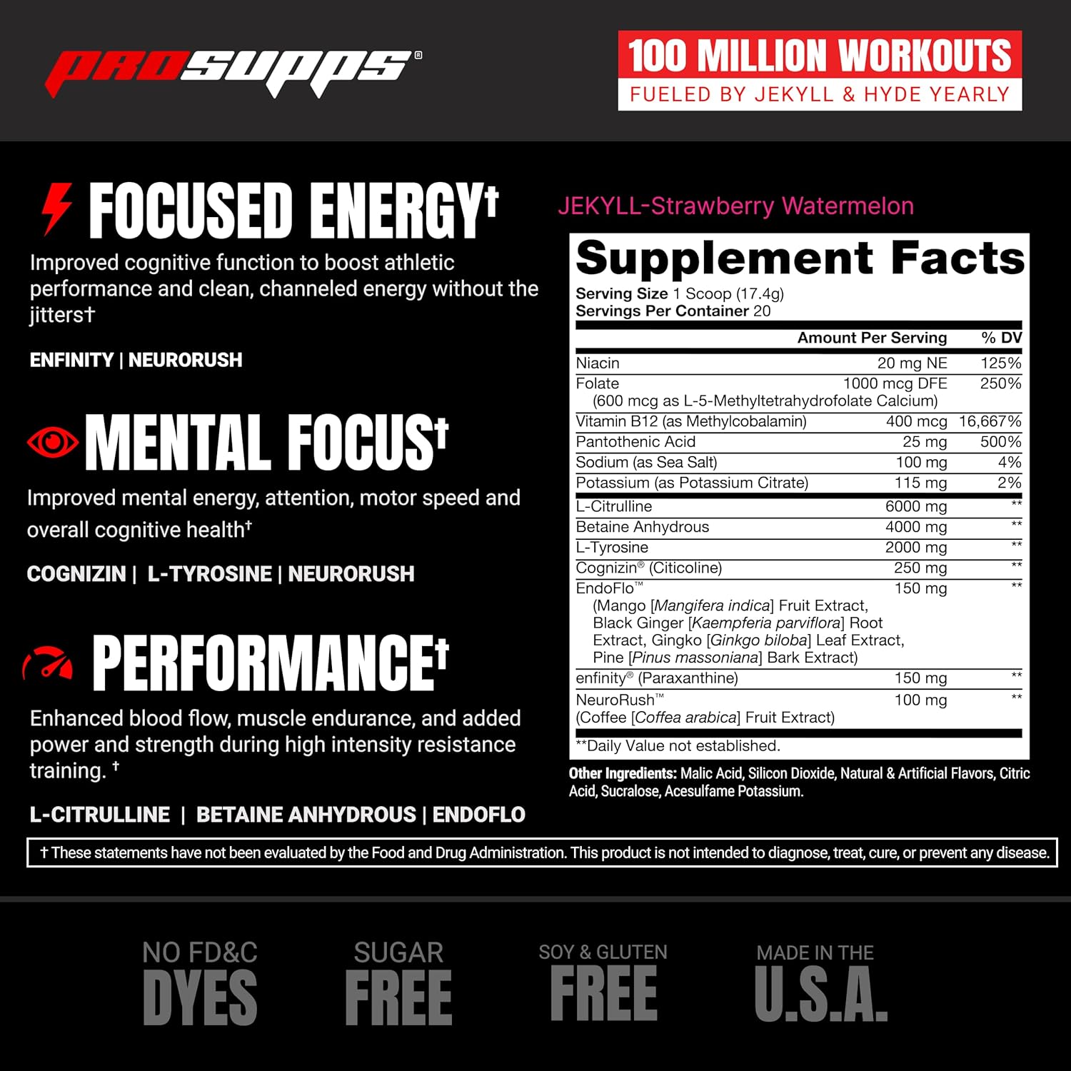 PROSUPPS Dr. Jekyll Low Stim Pre-Workout with Nootropic Focus Boost (20 Servings, Strawberry Watermelon Flavor) for Men & Women