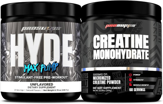 PROSUPPS Hyde Max Pump Stimulant-Free Pre-Workout & Creatine 300 Bundle - Unflavored, Energy Boosting Formula