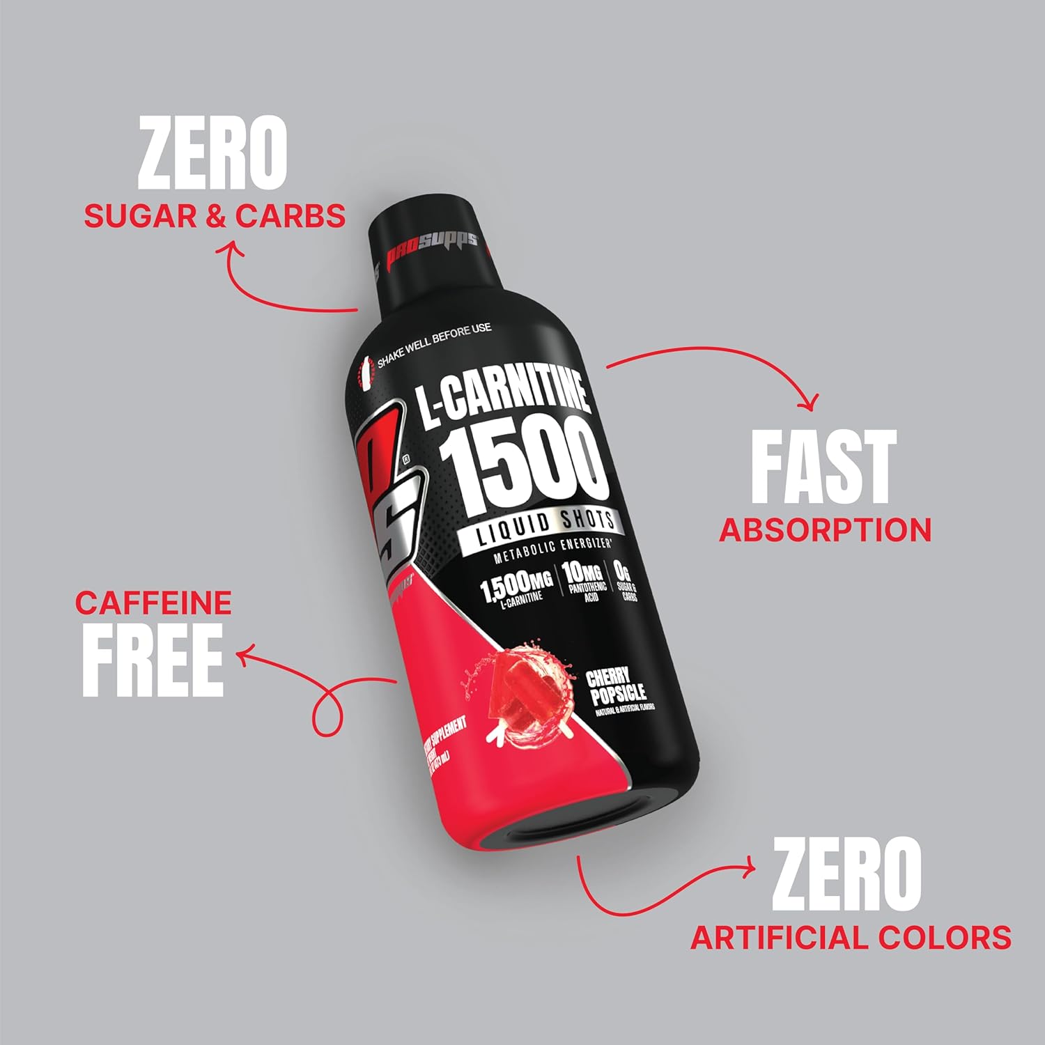 PROSUPPS L-Carnitine Liquid Shots - Pre-Workout Energy Drink for Performance & Recovery - Stimulant-Free Formula for Men & Women (31 Servings, Cherry Popsicle Flavor)