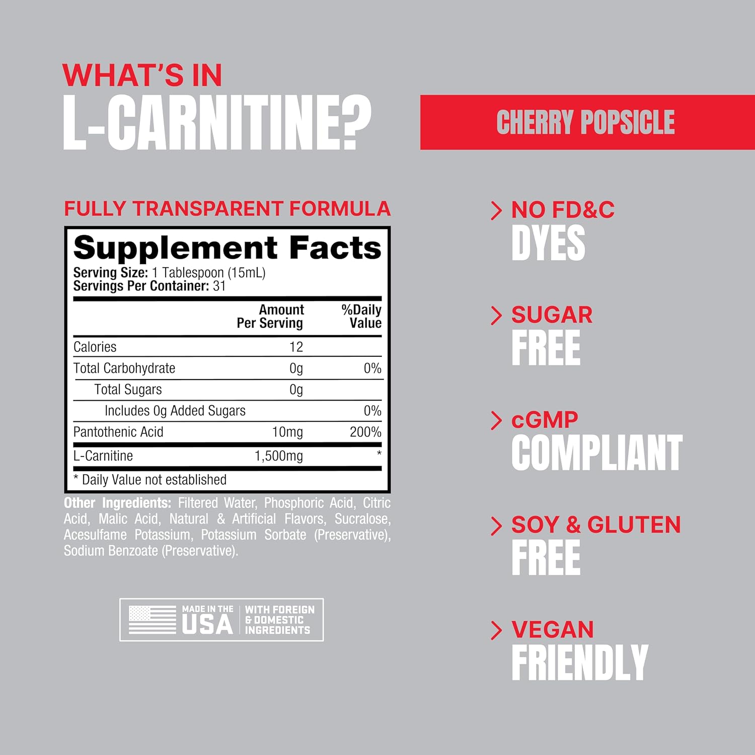 PROSUPPS L-Carnitine Liquid Shots - Pre-Workout Energy Drink for Performance & Recovery - Stimulant-Free Formula for Men & Women (31 Servings, Cherry Popsicle Flavor)
