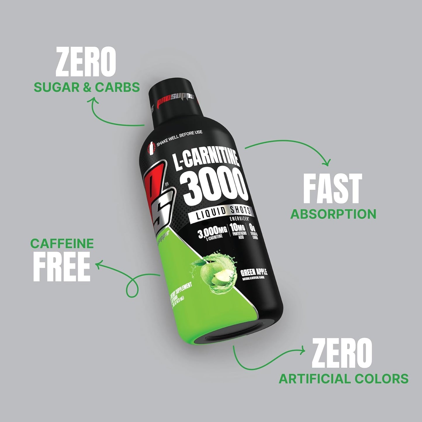 PROSUPPS L-Carnitine Liquid Shots - Stimulant-Free Energy Drink for Men & Women - Performance & Recovery - Green Apple Flavor (31 Servings, 3000mg)