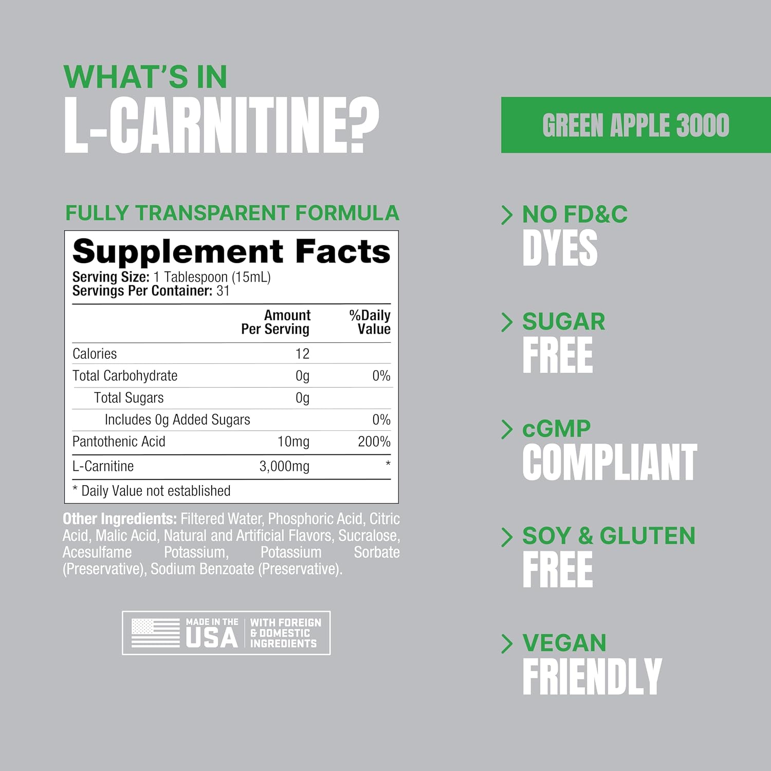 PROSUPPS L-Carnitine Liquid Shots - Stimulant-Free Energy Drink for Men & Women - Performance & Recovery - Green Apple Flavor (31 Servings, 3000mg)