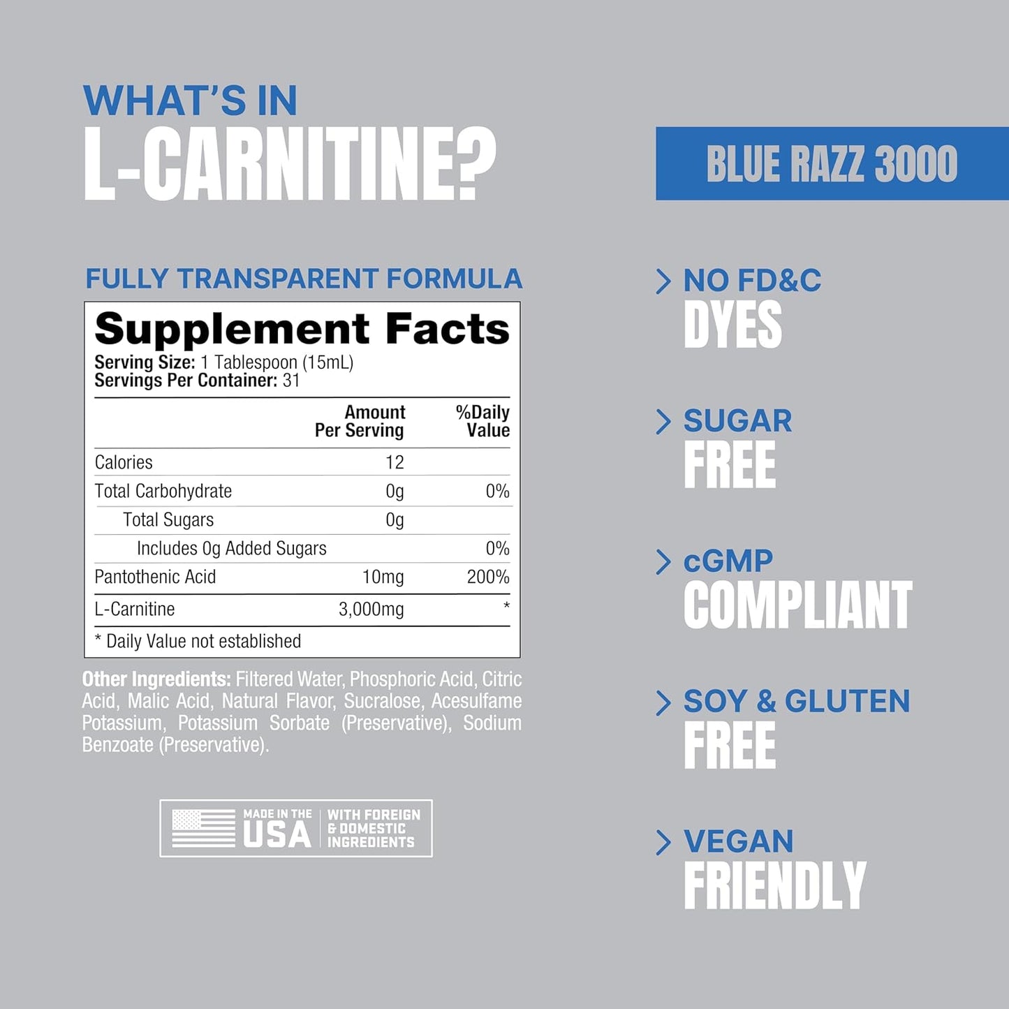 PROSUPPS L-Carnitine Liquid Shots: Stimulant-Free Workout Drink for Performance & Recovery - Clean Energy, Sugar & Carb-Free (3000 Blue Razz, 31 Servings)