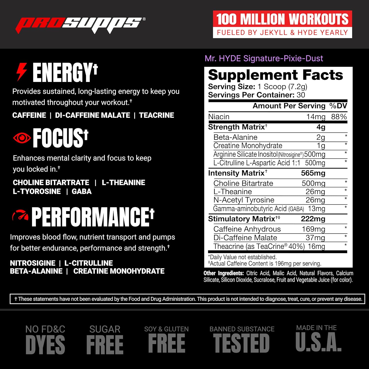 PROSUPPS Mr. Hyde Signature Pre Workout Supplement - Enhanced Energy and Focus with Creatine, Beta Alanine, TeaCrine, and Caffeine - Endurance Booster for Men and Women - Pixie Dust Flavor, 30 Servings