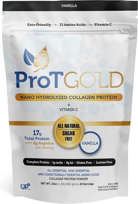 ProT Gold Collagen Protein Powder with Vitamin C and Arginine for Wound Support, 17g Protein, Grass Fed, Vanilla Flavor, 23 oz