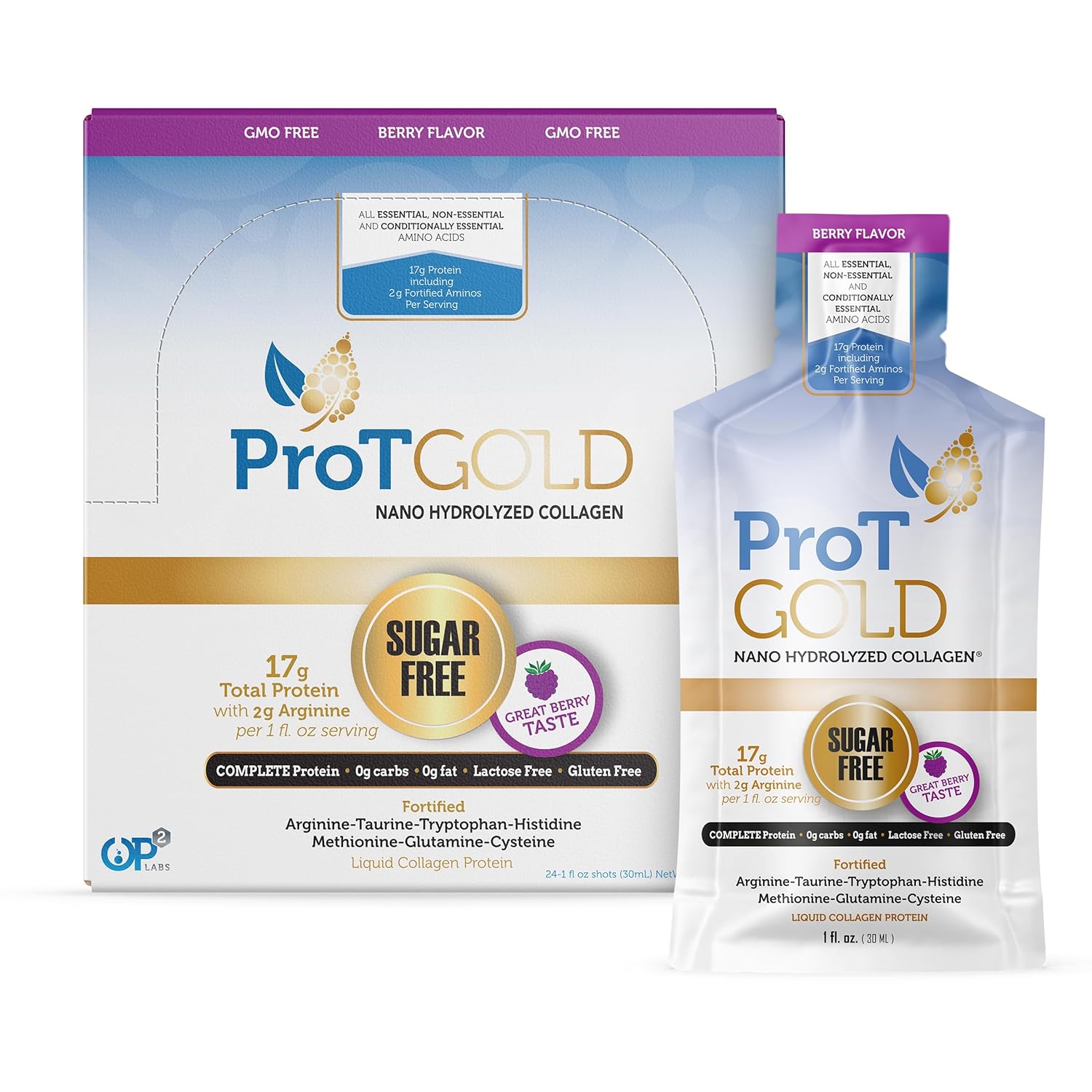 ProT Gold Liquid Collagen Protein Shot - Berry Flavor, 24 Pack of 1 fl oz Shots, Nano-Hydrolyzed Grass Fed Collagen with 17g Protein and 2g Arginine, Gluten Free, Sugar Free, Non GMO