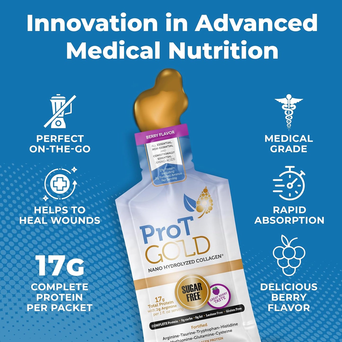 ProT Gold Liquid Collagen Protein Shot - Berry Flavor, 24 Pack of 1 fl oz Shots, Nano-Hydrolyzed Grass Fed Collagen with 17g Protein and 2g Arginine, Gluten Free, Sugar Free, Non GMO