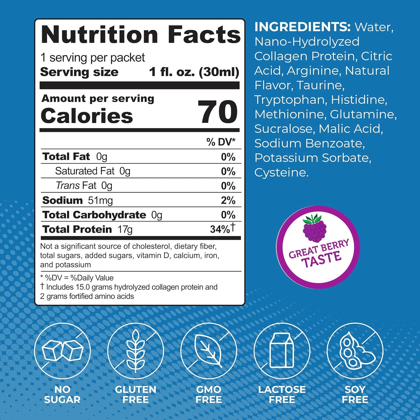 ProT Gold Liquid Collagen Protein Shot - Berry Flavor, 24 Pack of 1 fl oz Shots, Nano-Hydrolyzed Grass Fed Collagen with 17g Protein and 2g Arginine, Gluten Free, Sugar Free, Non GMO