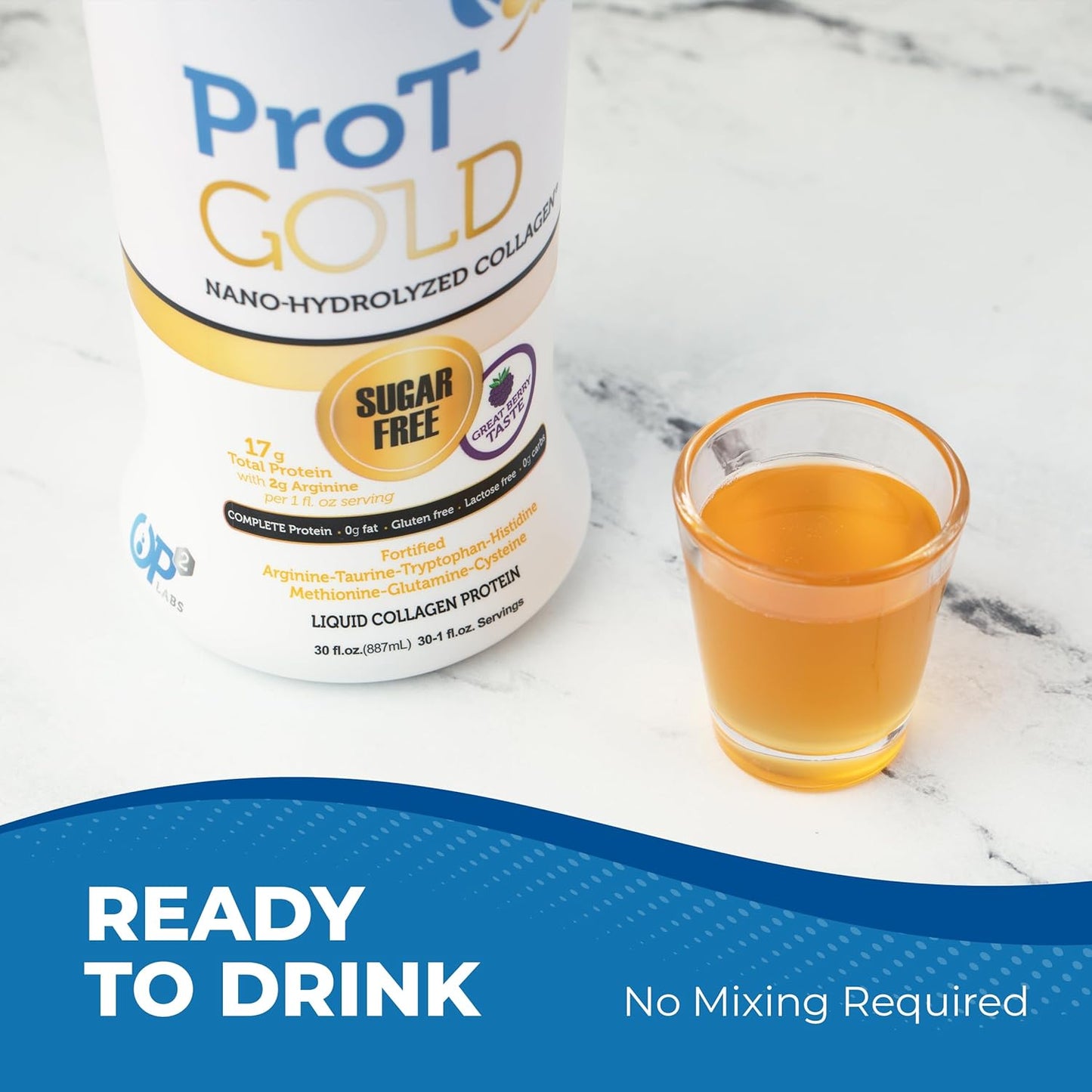 ProT Gold Liquid Collagen Protein Shot - Berry Flavor, 17g Protein, 2g Arginine, Non GMO, Gluten & Sugar Free, 30 fl oz