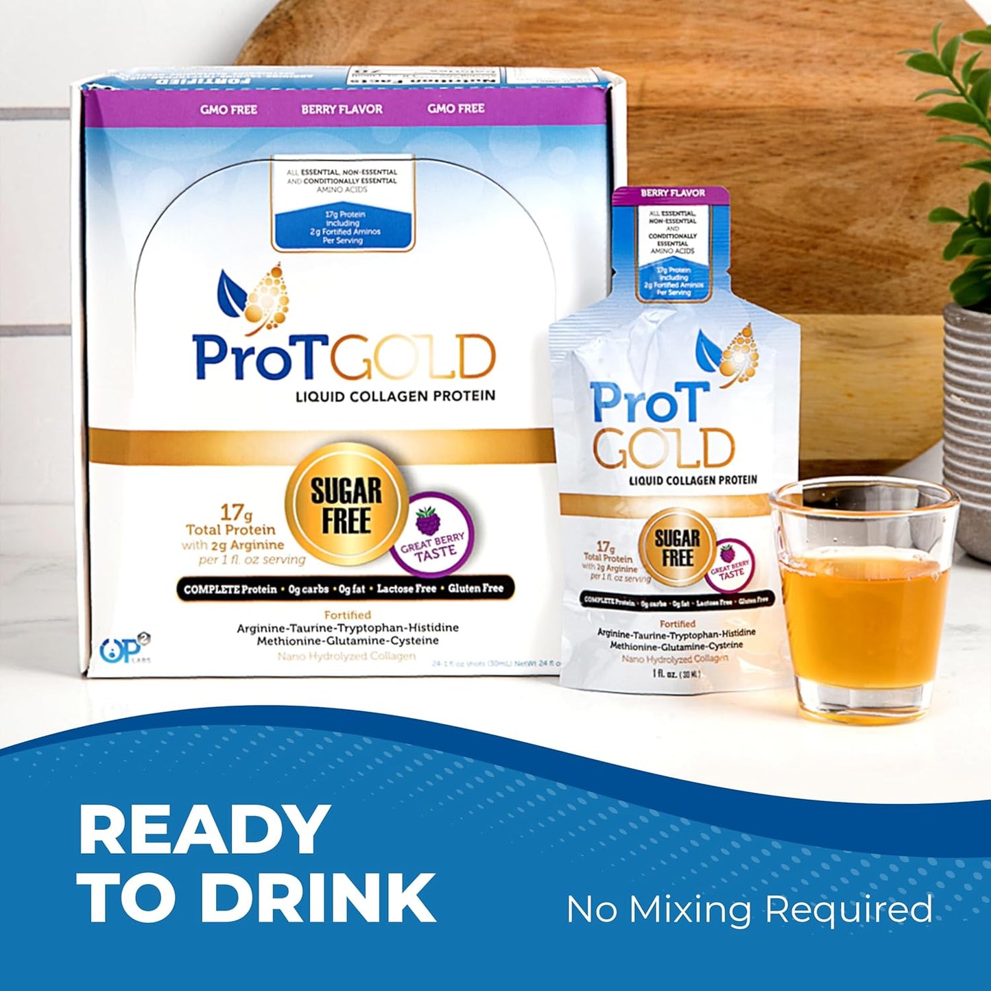 ProT Gold Liquid Collagen Protein Shot - Berry Flavor, 24 Pack of 1 fl oz Shots, Nano-Hydrolyzed Grass Fed Collagen with 17g Protein and 2g Arginine, Gluten Free, Sugar Free, Non GMO