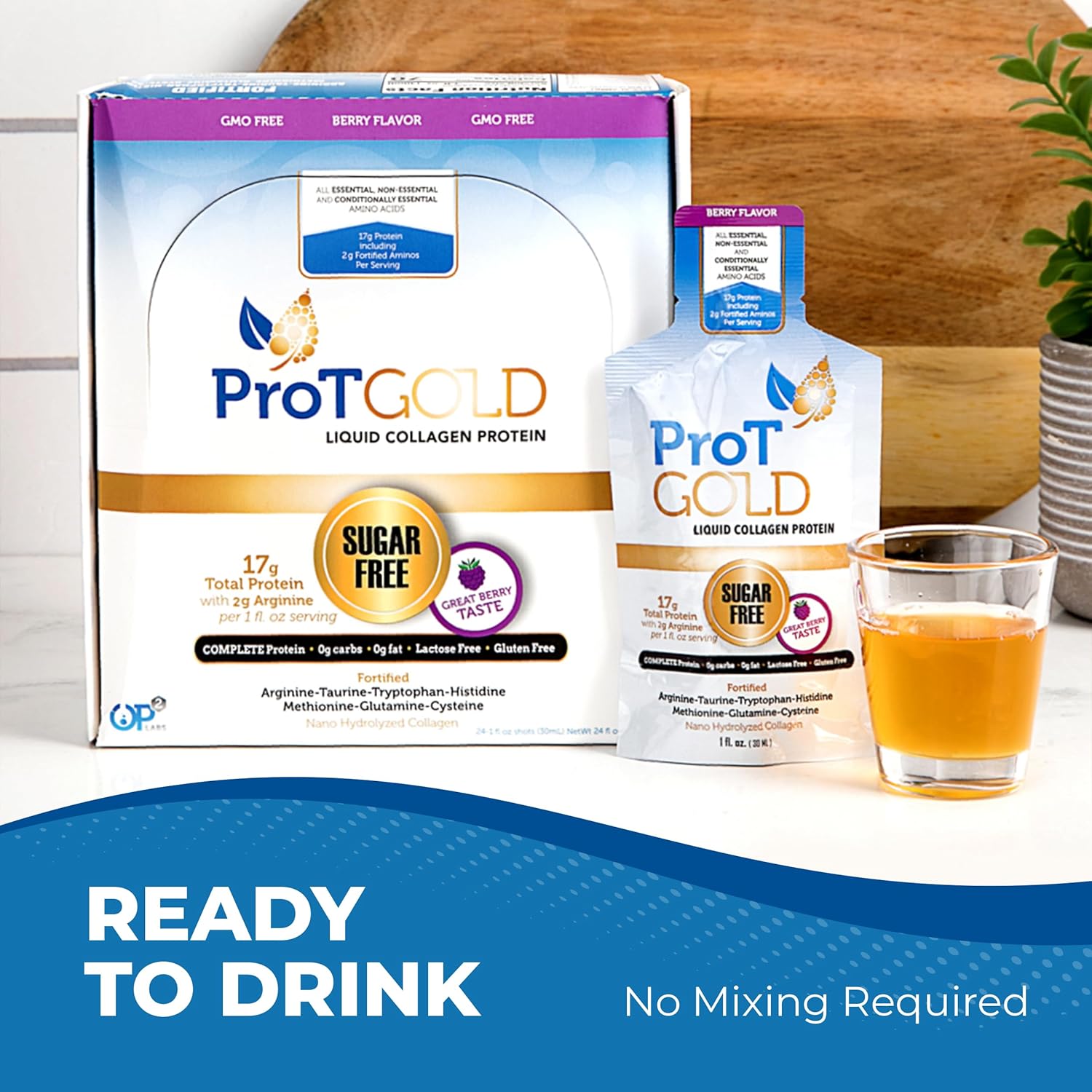 ProT Gold Liquid Collagen Protein Shot - Berry Flavor, 24 Pack of 1 fl oz Shots, Nano-Hydrolyzed Grass Fed Collagen with 17g Protein and 2g Arginine, Gluten Free, Sugar Free, Non GMO
