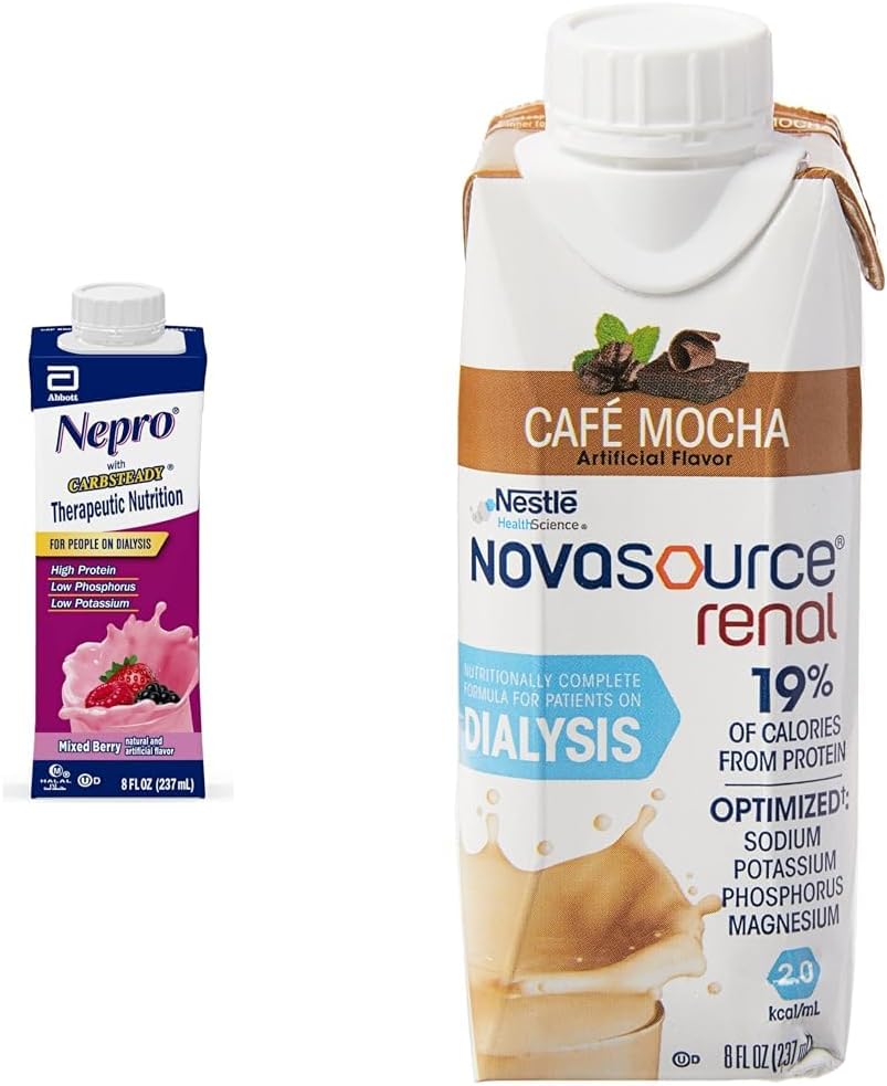 Protein-Rich Nutrition Shakes for Dialysis Patients: Nepro Mixed Berry & NOVASOURCE Mocha, 24 Count Each